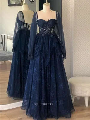 Chic A-line Dark Navy Long Prom Dresses With Long Sleeve Lace Evening Dresses POL019