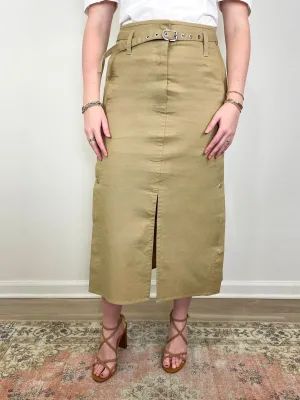 Belted Utility Skirt w/Side Button Placket in Khaki