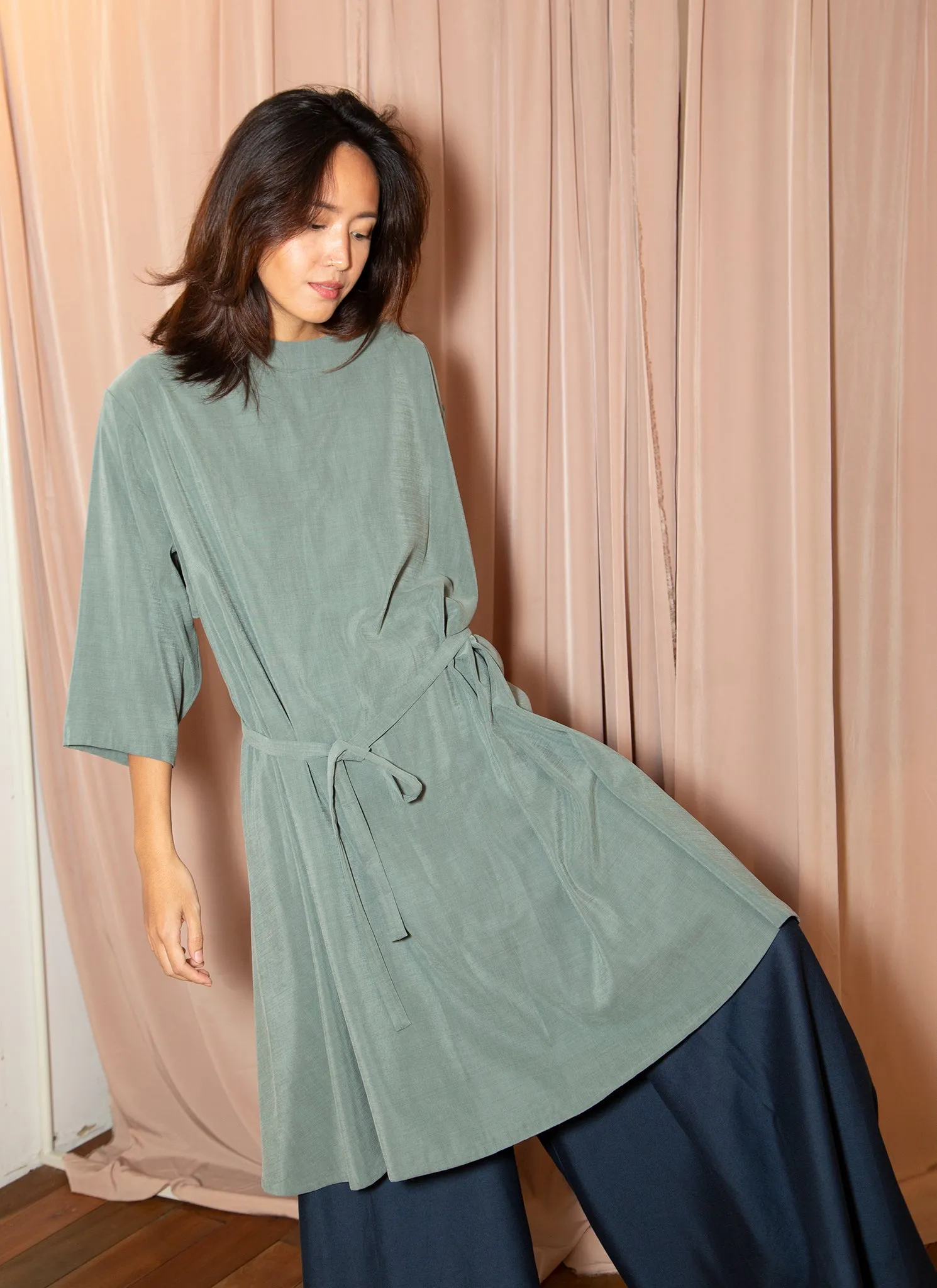 Branch Boxy A-Line Dress in Sage Green