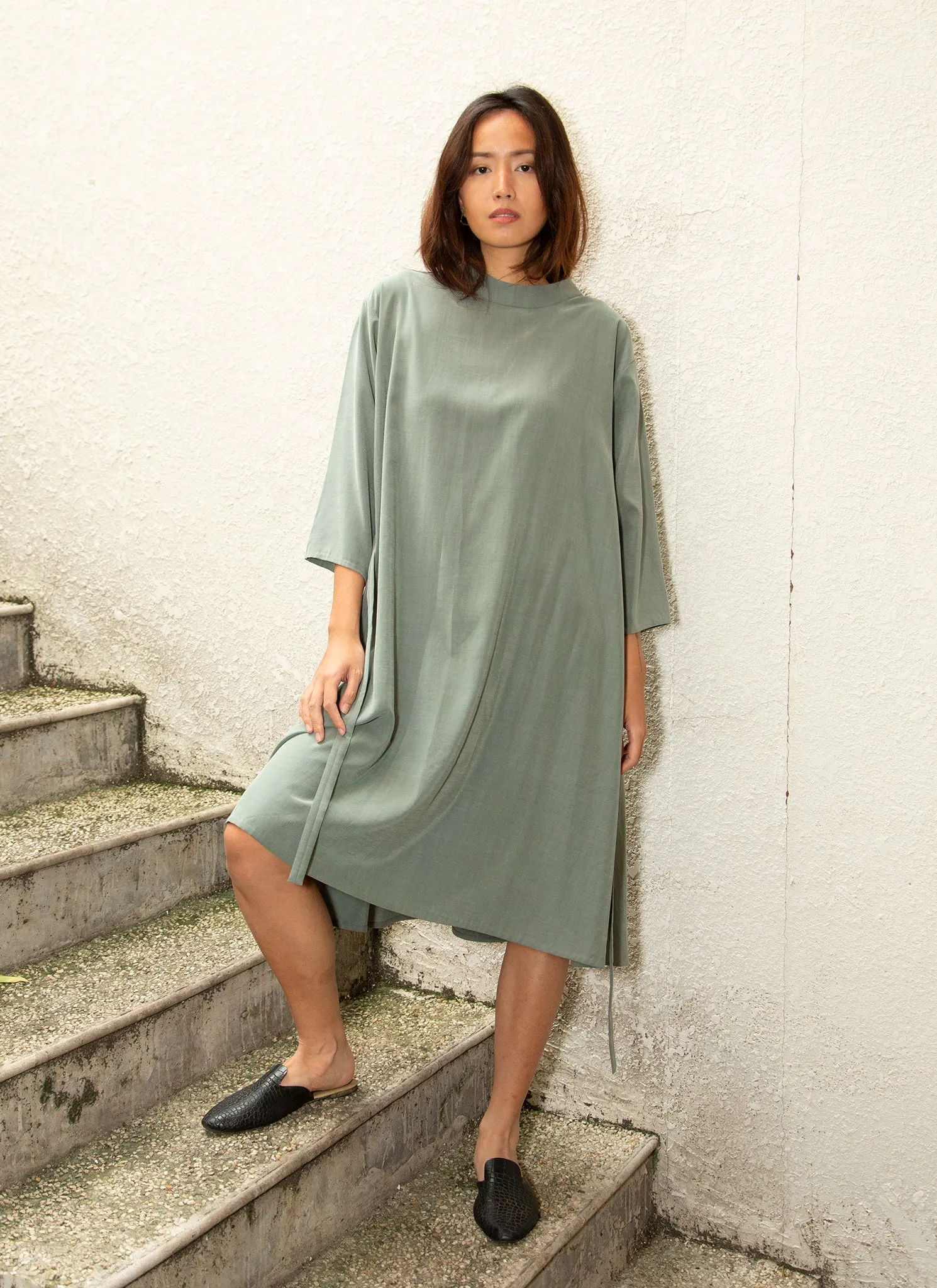 Branch Boxy A-Line Dress in Sage Green