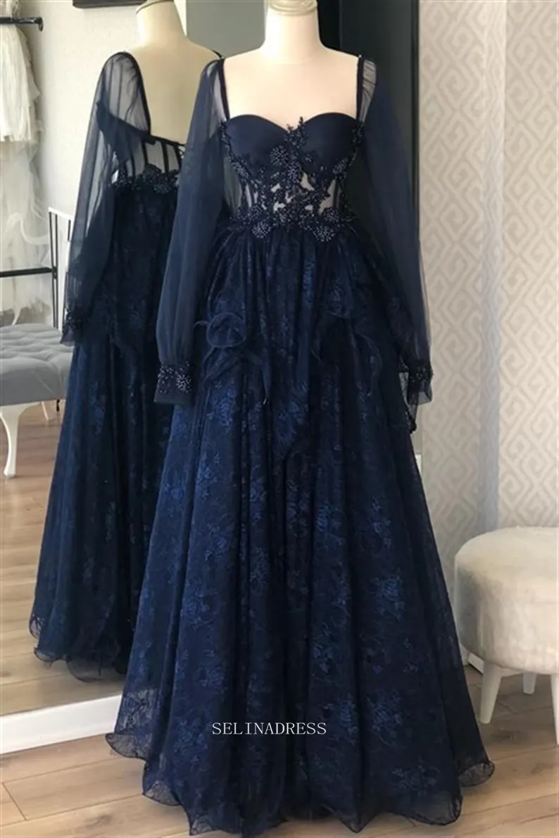 Chic A-line Dark Navy Long Prom Dresses With Long Sleeve Lace Evening Dresses POL019
