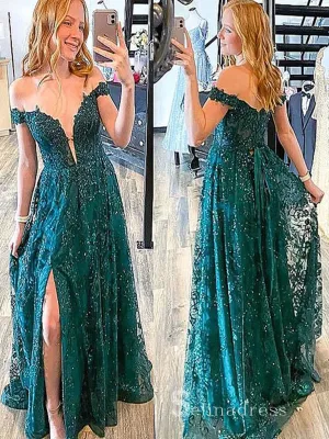 Chic A-line Off The Shoulder Applique Unique Long Prom Dresses Evening Dresses MLH1244