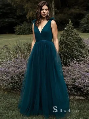 Chic A-line V neck Long Prom Dresses Tulle Cheap Evening Gowns CBD555