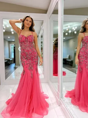 Chic Elegant Mermaid Long Prom Dresses Gorgeous Pink Beaded Evening Dress lpk116