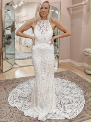 Chic Mermaid Scoop Boho Wedding Dress Rustic Backless Lace Wedding Gowns MLS046