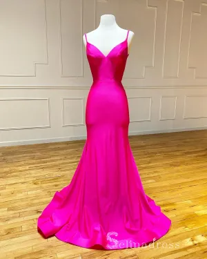 Chic Mermaid Spaghetti Straps Fuchsia Long Prom Dresses Cheap Evening Dress CBD376