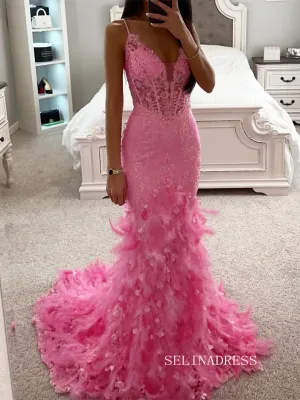 Chic Mermaid Spaghetti Straps Long Prom Dresses Pink Feather Elegantt Evening Dress sew0212