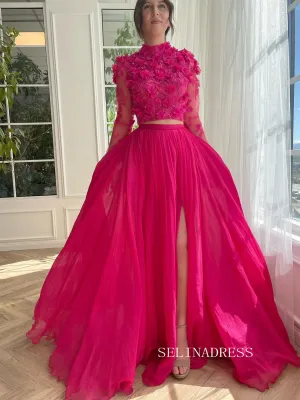 Chic Two Pieces High Neck Chiffon Long Sleeve Prom Dress Elegant Party Dress #kop141