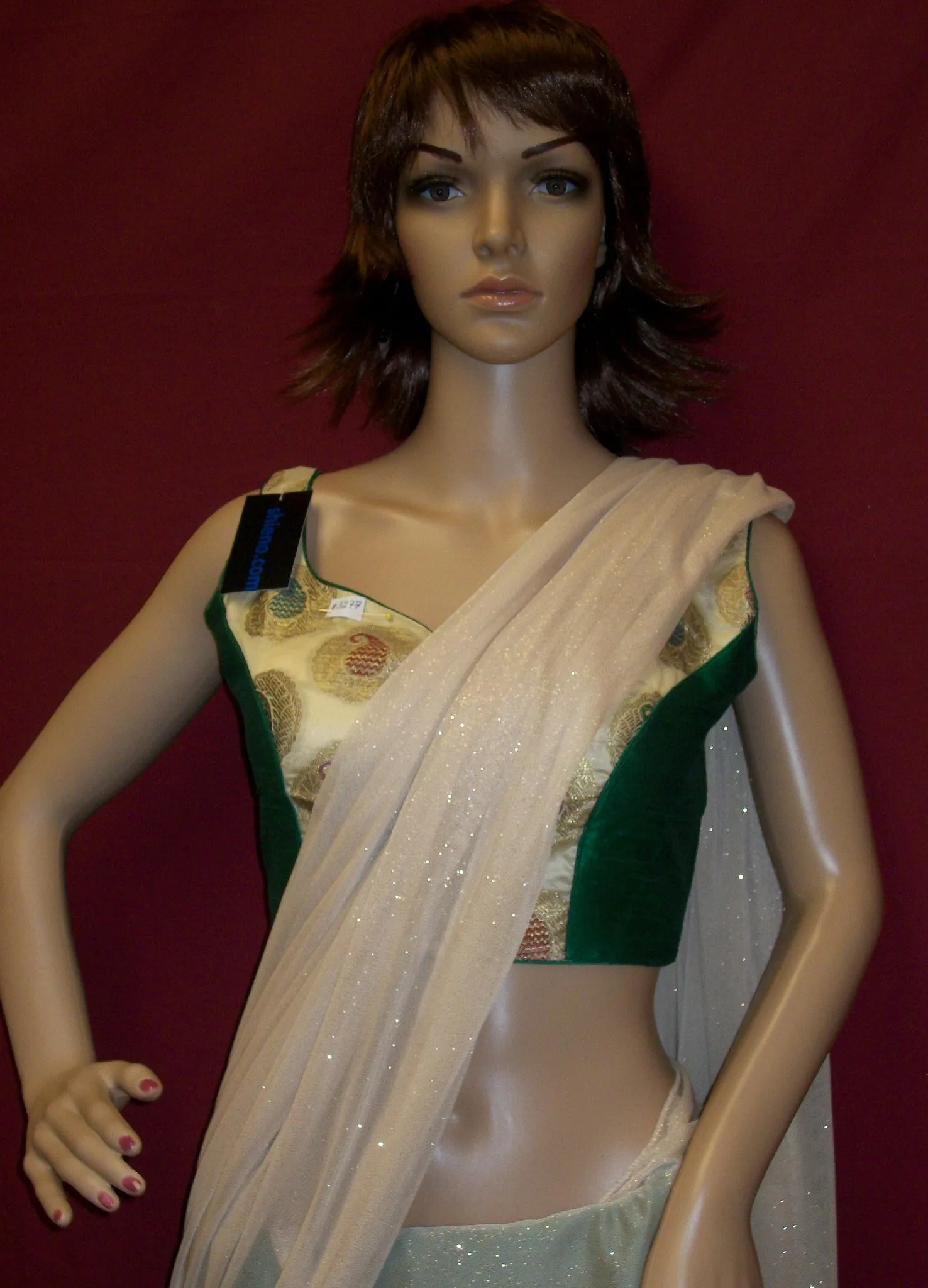 Choli 3277 Green Golden Jamawar Silk Saree Blouse Medium Choli Shieno