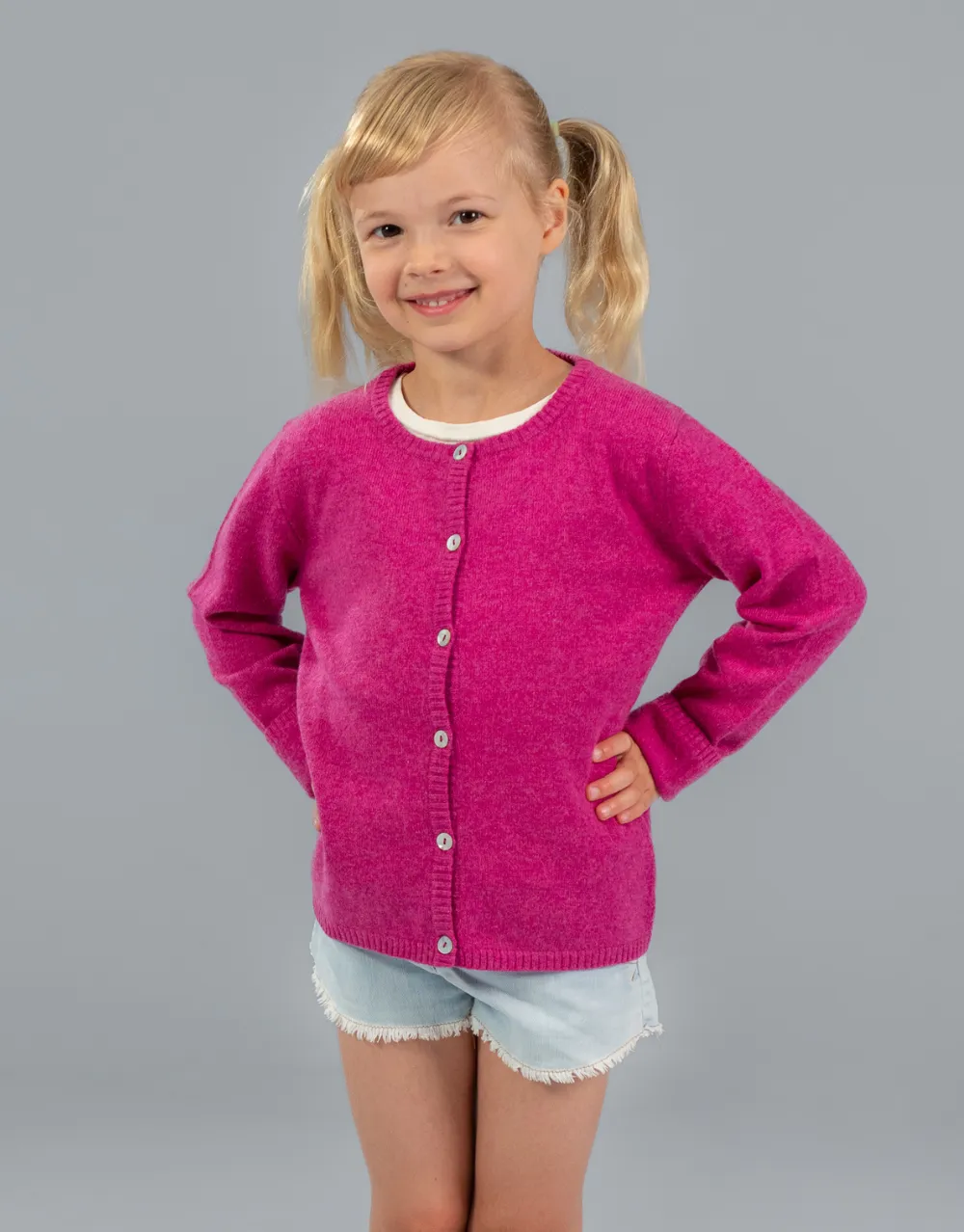 Classic Girls Crew Neck Cashmere Cardigan in Berry