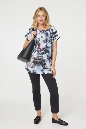 Embellished Butterfly Print Short Sleeve Top