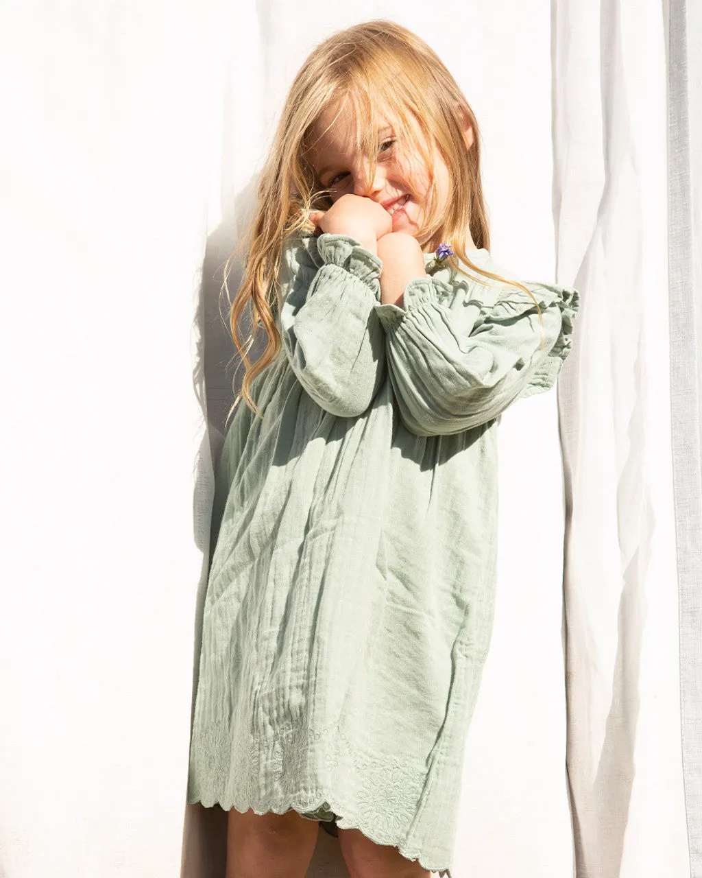 Girl's Long-sleeved Muslin Charlotte Dress - Matcha