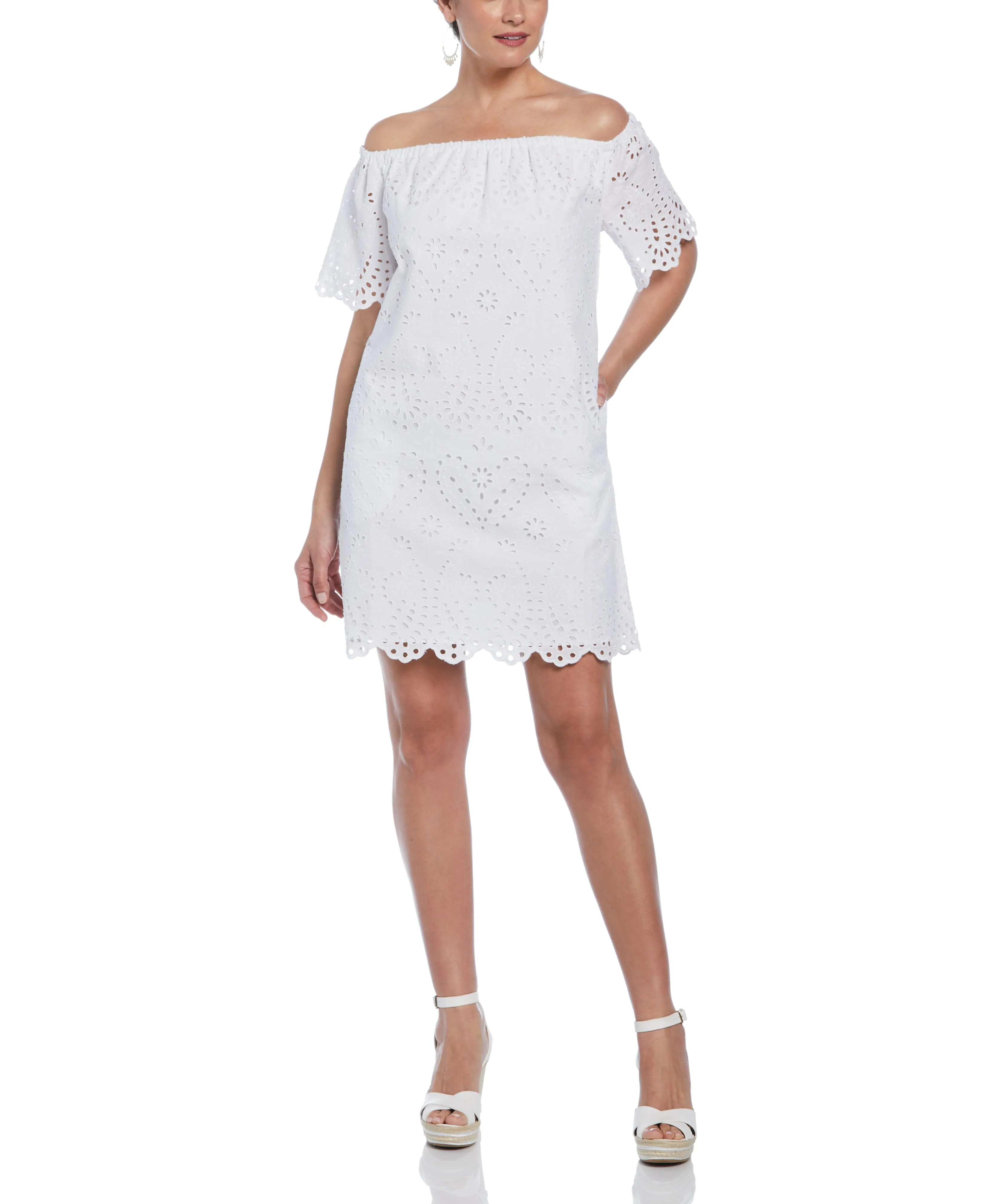 Off-Shoulder Embroidered Eyelet Dress