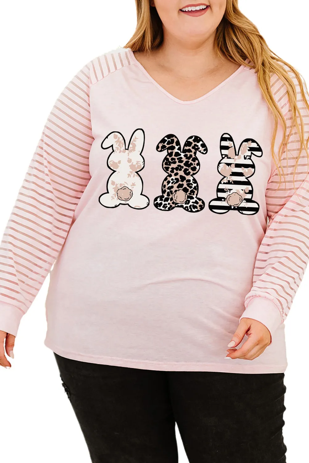 Plus Size Bunny Graphic V Neck T-Shirt for Women Sheer Striped Long Sleeve Top