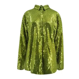 Pre Order:  Green Sequined Turn-Down-Collar Long Sleeve Top