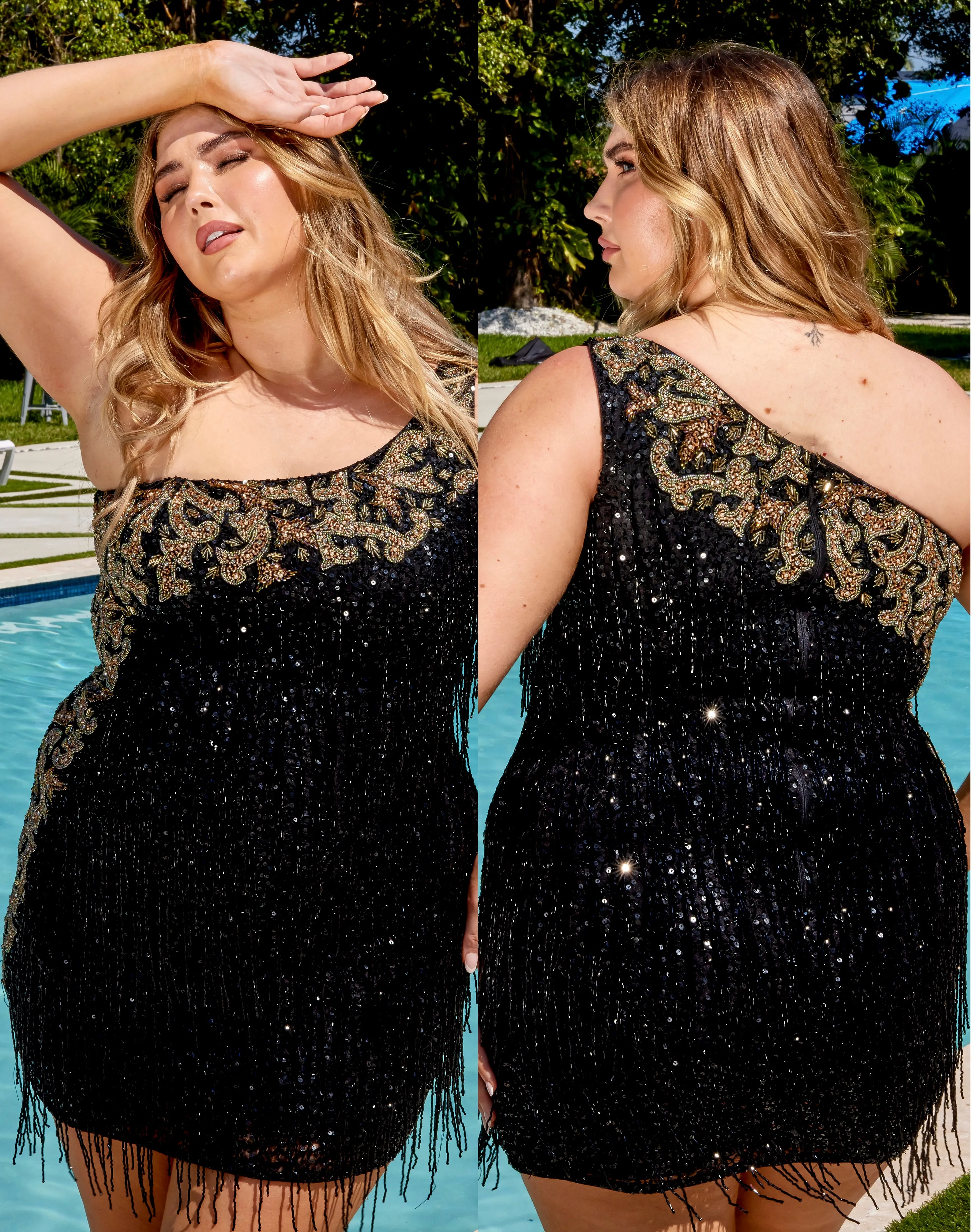 Primavera Couture 14026 Curvy Cocktail Dress One Shoulder Sequin Embroidered Top Beaded Fringe Bodice Curvy Homecoming Dress