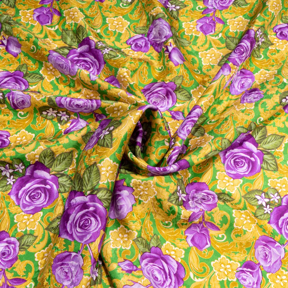Purple Rose Printed Emerald Green Silk Jacquard
