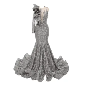 Silver Mermaid One Sleeve Prom Dresses Sequined Lace Jewel Ruffles Evening Party Dress with Appliques