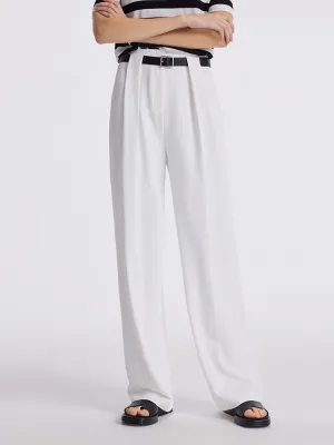 Straight Pleated Women Pants With Leather Belt