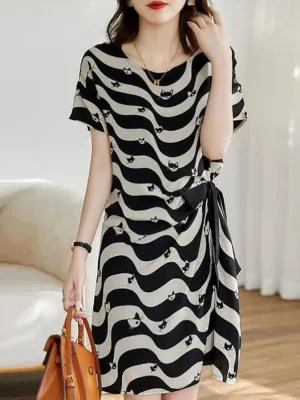 Striped Midi-Dress With Cats And Bow