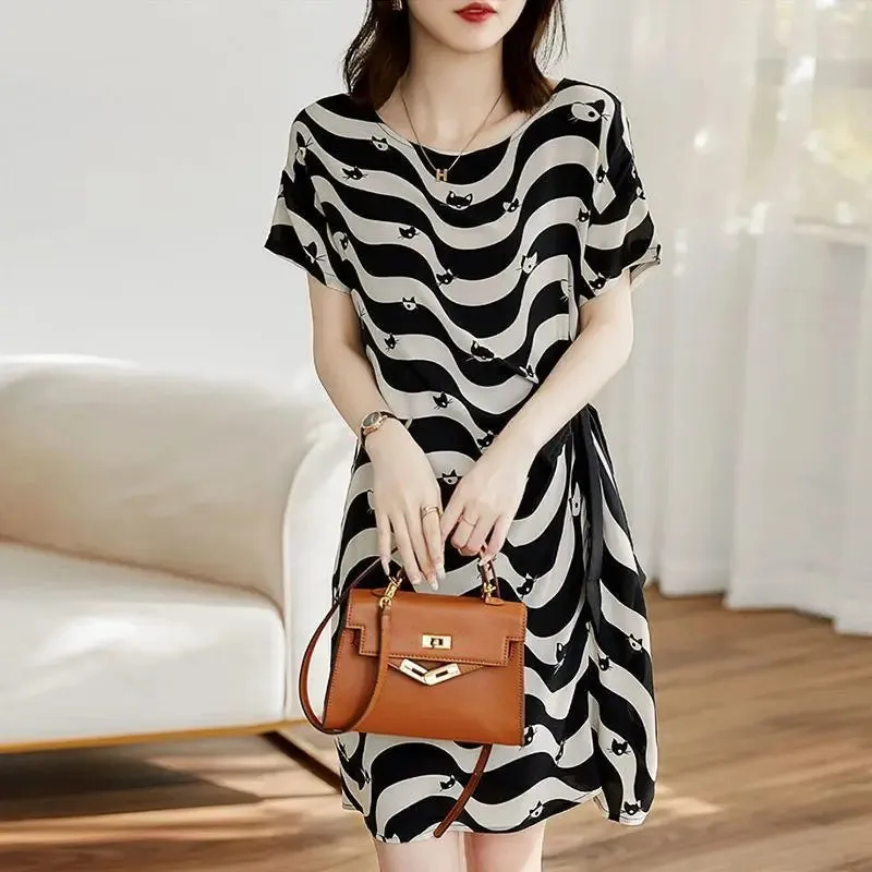 Striped Midi-Dress With Cats And Bow