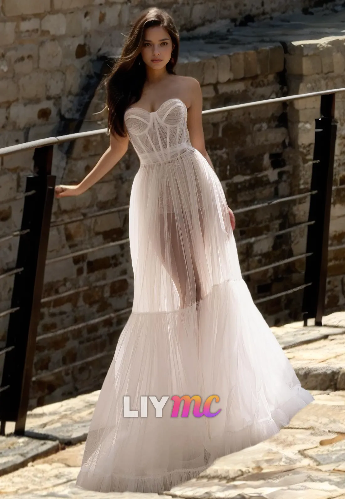 Sweetheart Strapless Tull Sheer A-Line Beach Wedding Dress