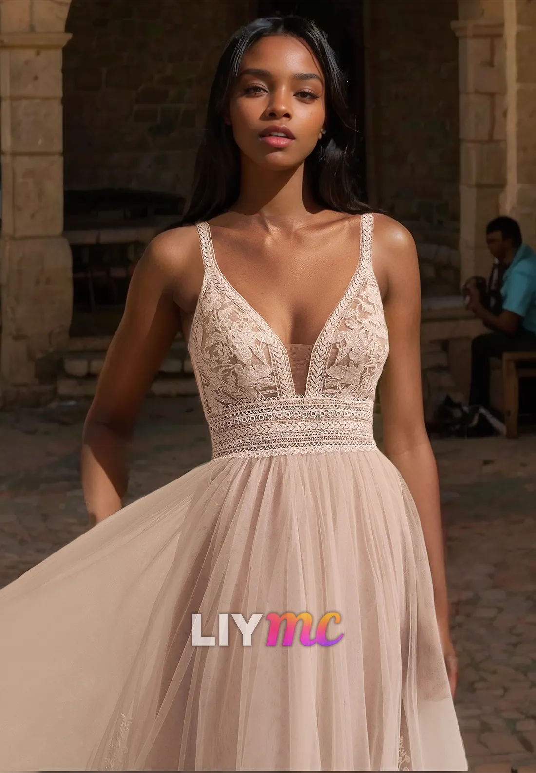 V-Neck Straps Lace Appliques Pleated Tulle A-Line Beach Wedding Dress