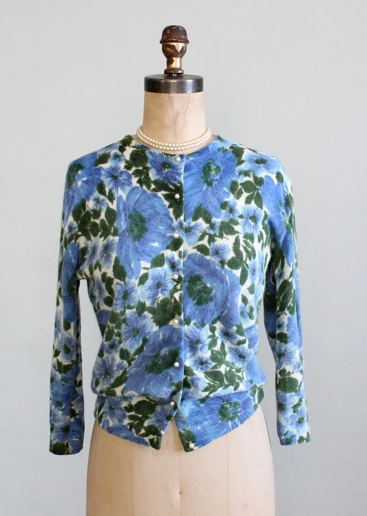 Vintage 1960s Blue Panies Floral Cardigan