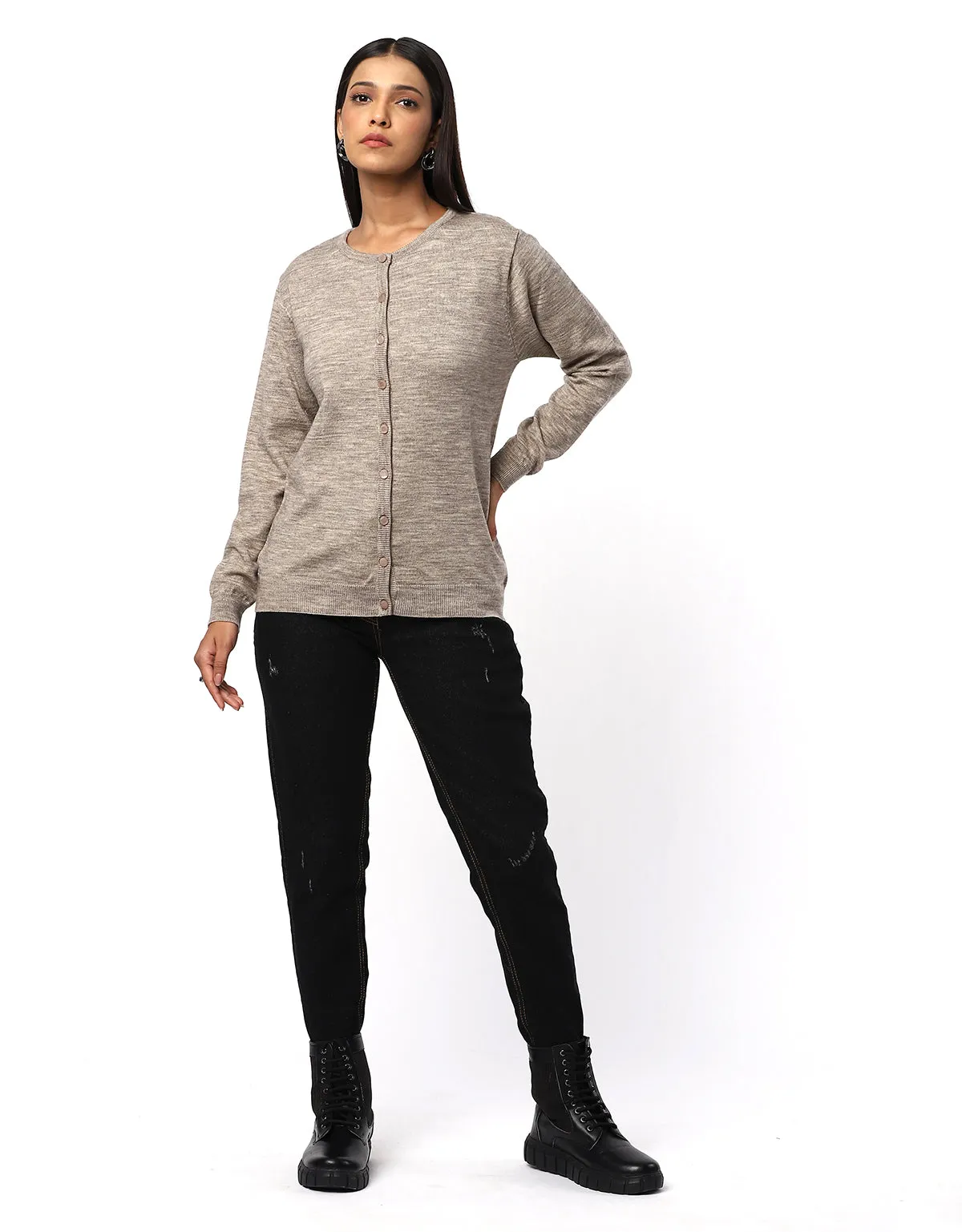 Women Woolen Round Neck Cardigan